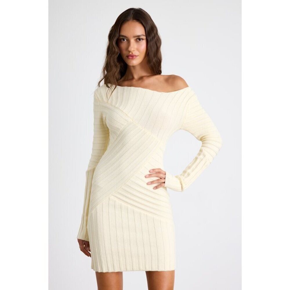 Lulus Penelope Cream Ribbed Off-the-shoulder Sweater Mini Dress White - Size XS